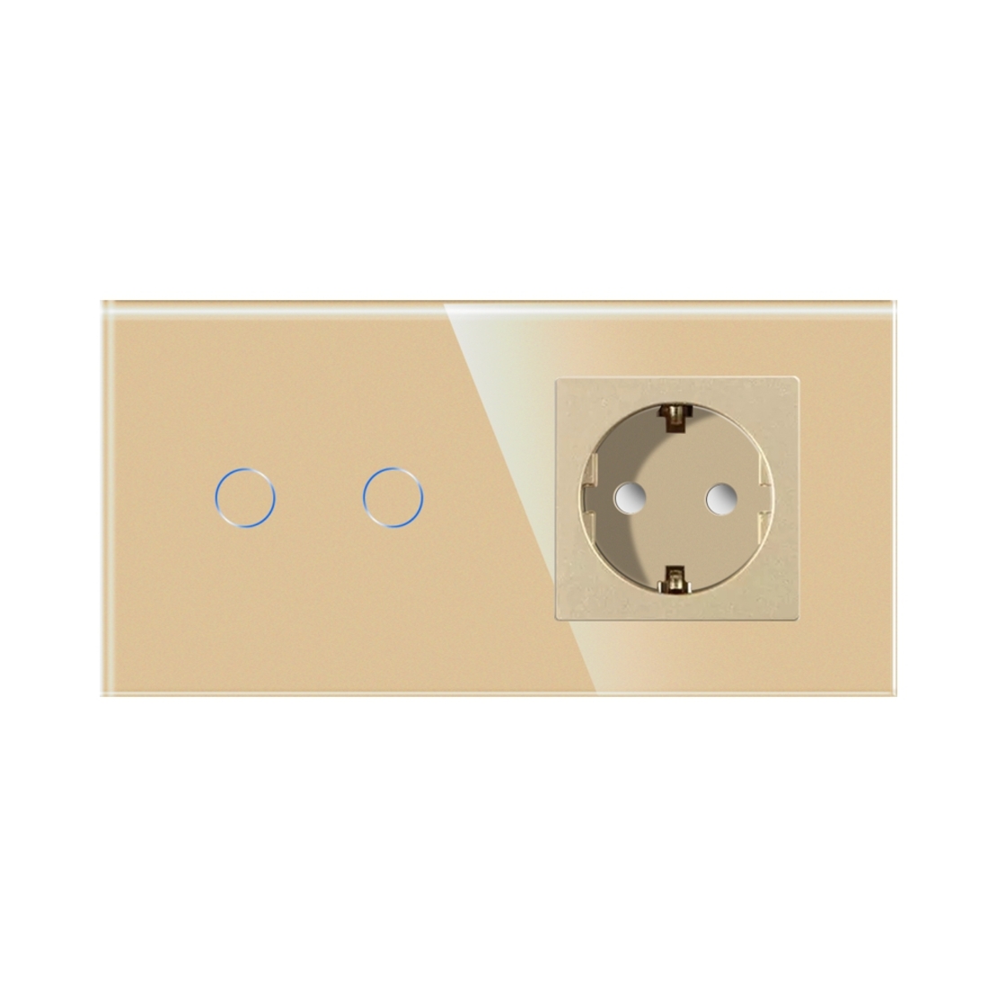 Intrerupator Dublu Cap Scara / Cruce + Priza cu Rama din Sticla LUXION, Serie A, auriu