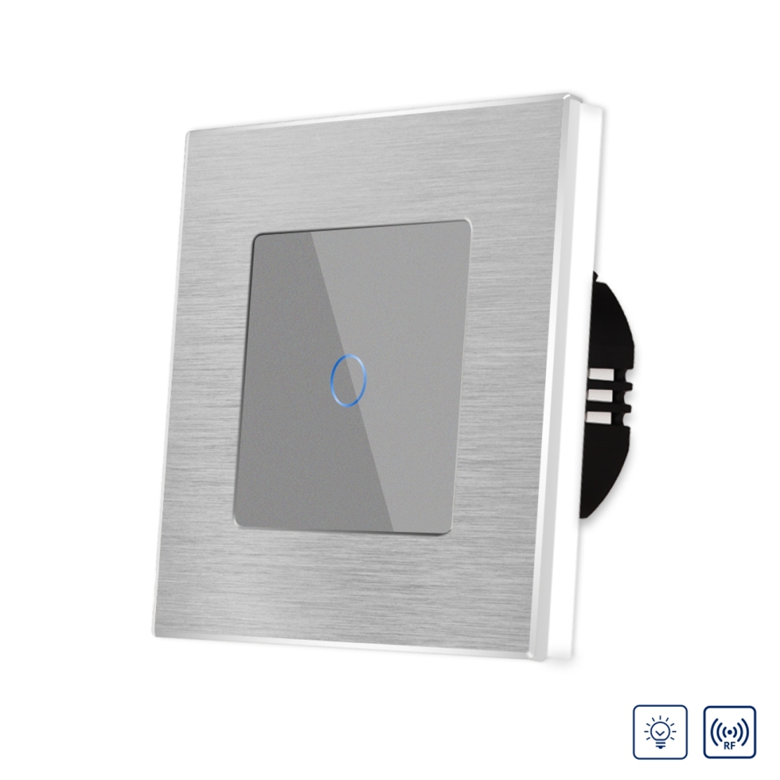 Intrerupator Simplu cu Variator cu Touch din Sticla si Rama de Aluminiu LUXION, RF433, gri