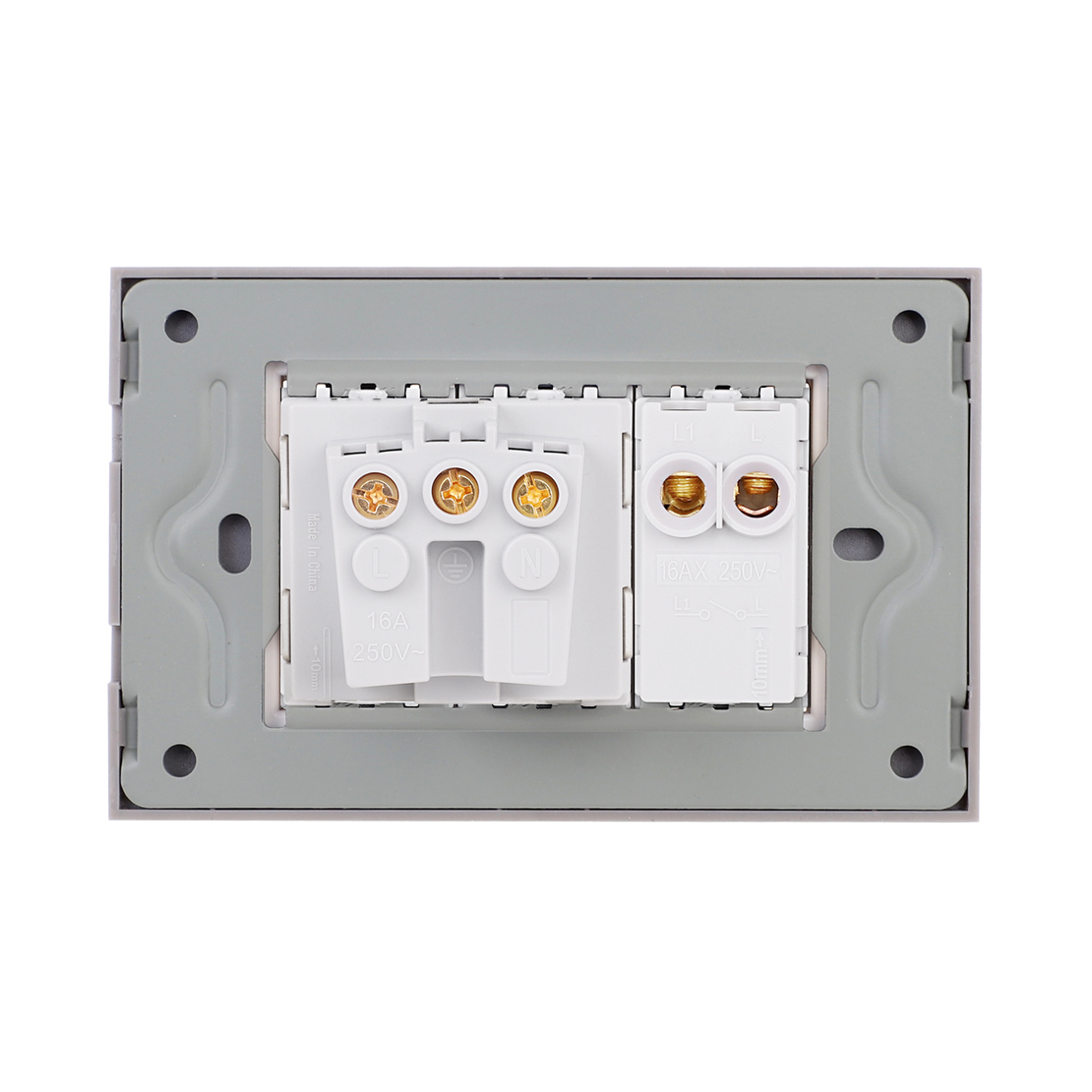 Intrerupator Simplu + Priza cu Rama din Sticla LUXION, Standard Italian, 3M, gri