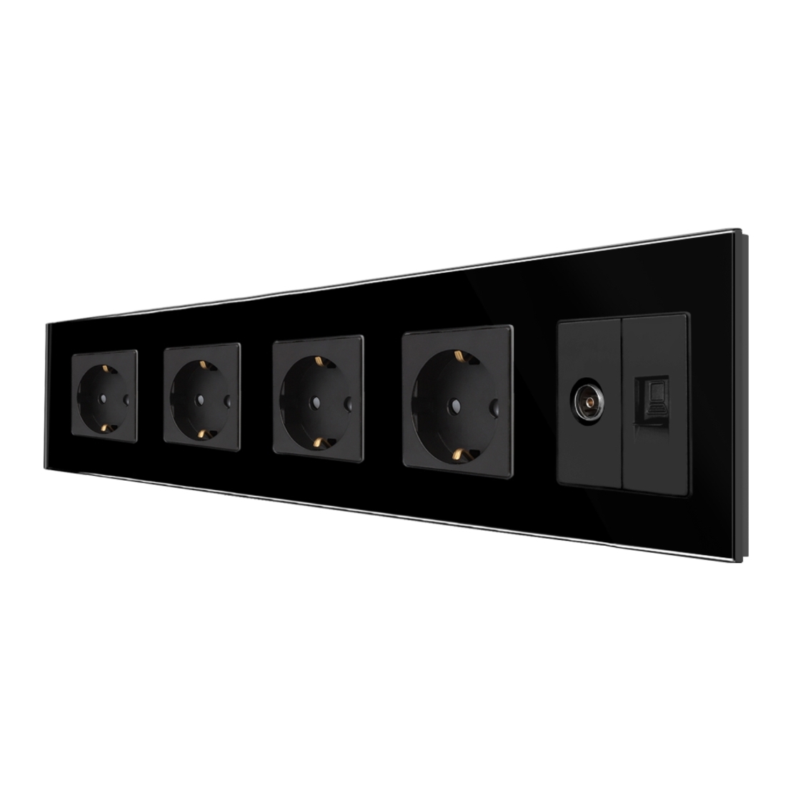 Priza Cvadrupla Schuko + TV + Internet cu Rama Din Sticla LUXION, negru