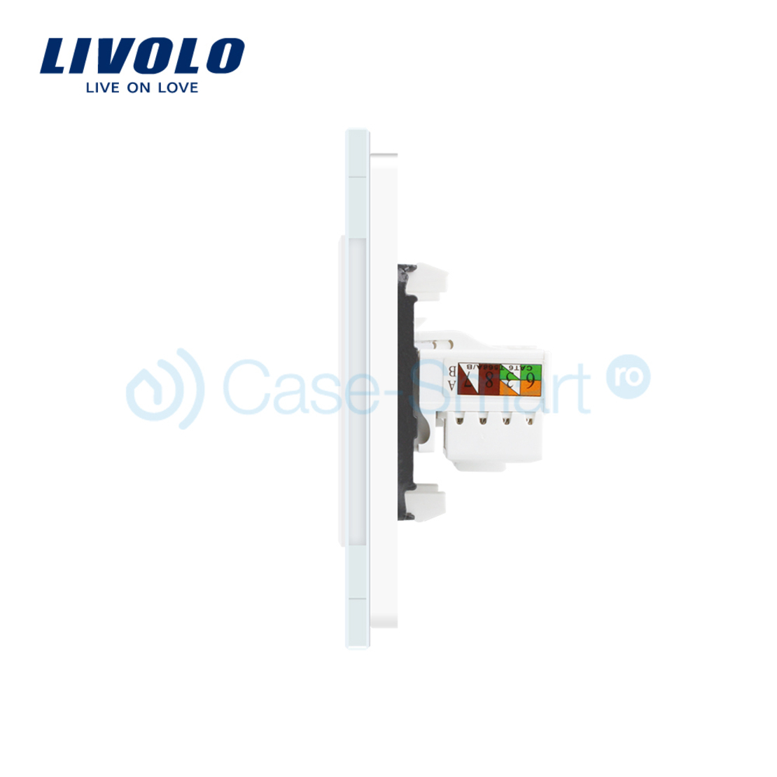 Priza dubla Telefon + Priza internet Livolo cu rama din sticla, alb