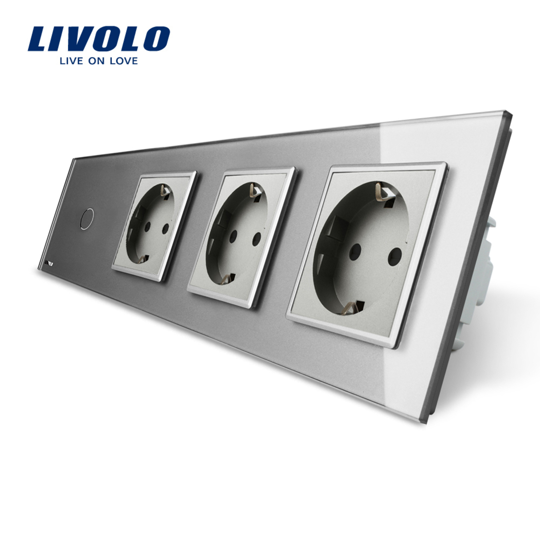 Intrerupator simplu + Priza tripla LIVOLO cu touch din sticla, gri