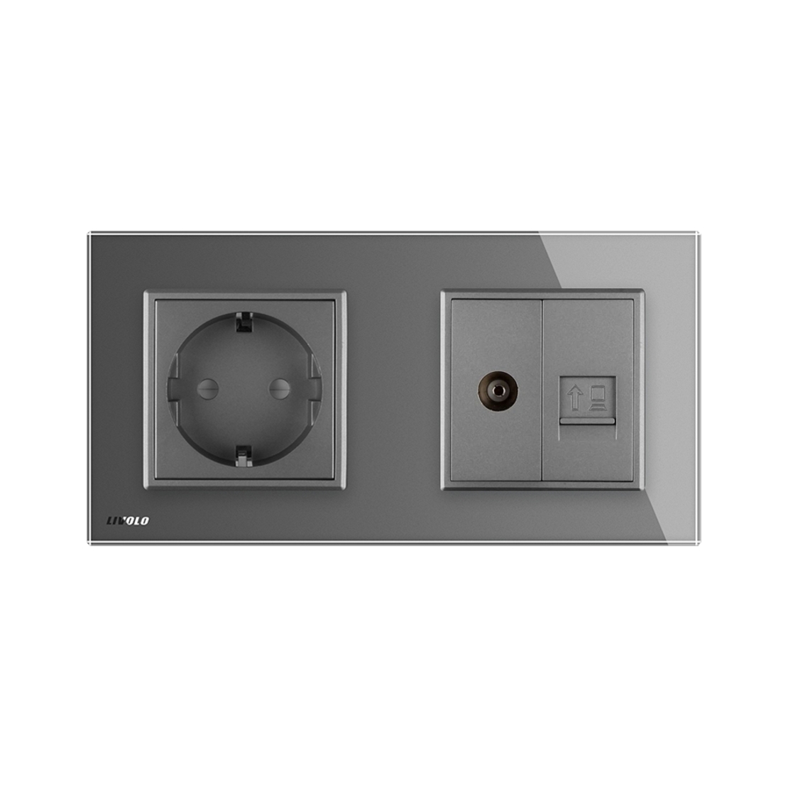 Priza dubla Livolo cu rama din sticla 1 priza Schuko+TV/internet, gri