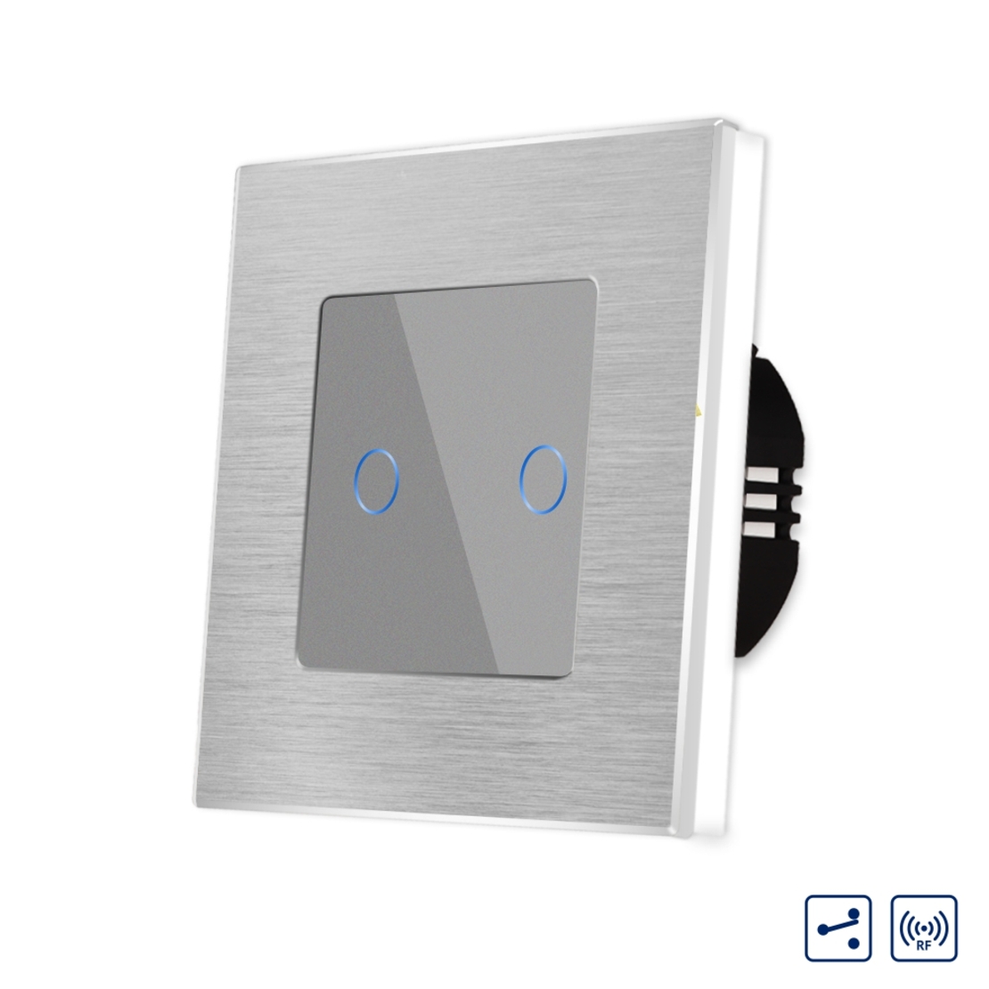 Intrerupator Dublu Cap Scara / Cruce cu Touch din Sticla si Rama de Aluminiu LUXION, RF433, gri