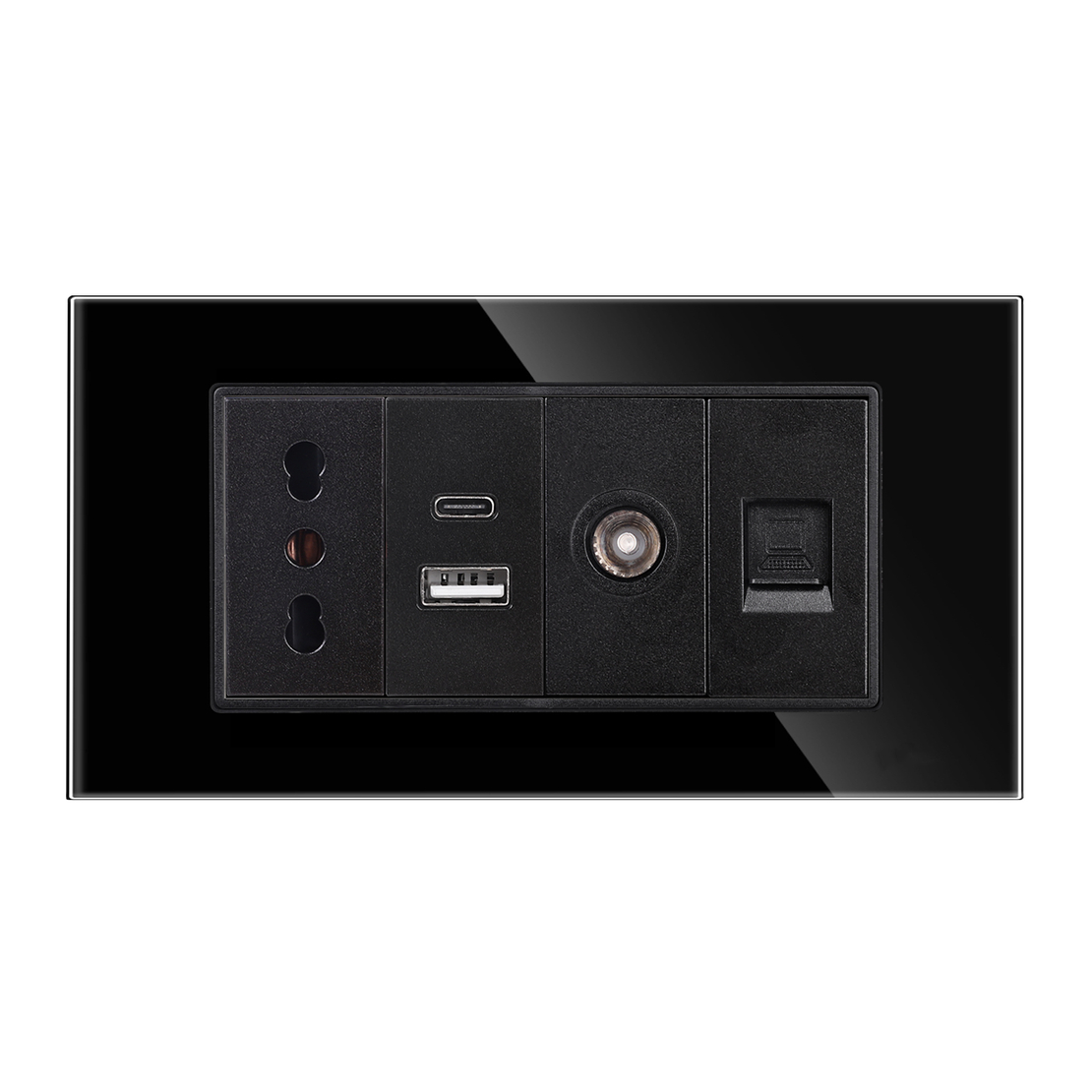 Priza Ingusta + Dubla USB + TV + Internet cu Rama Din Sticla LUXION, Standard Italian, 4M, negru