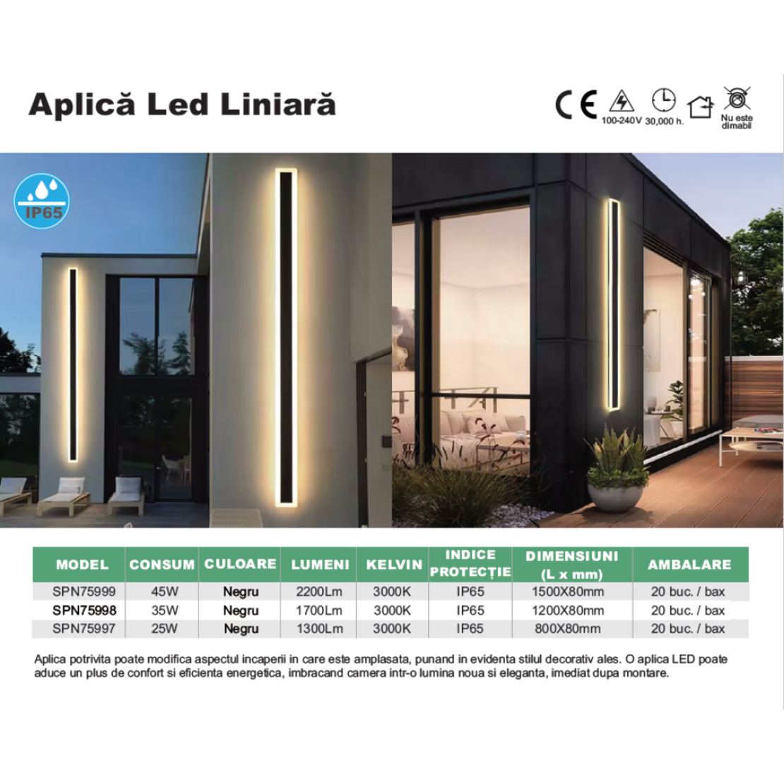 Aplica led liniara de perete neagra 45W/2200LM/3000K - 1500mm