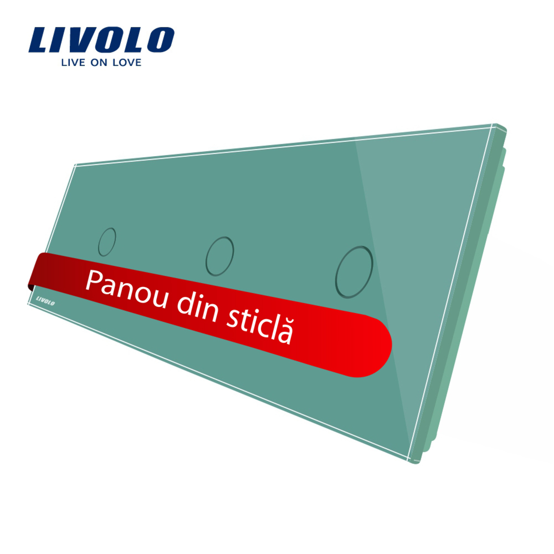 Panou intrerupator simplu+simplu+simplu cu touch Livolo din sticla, verde