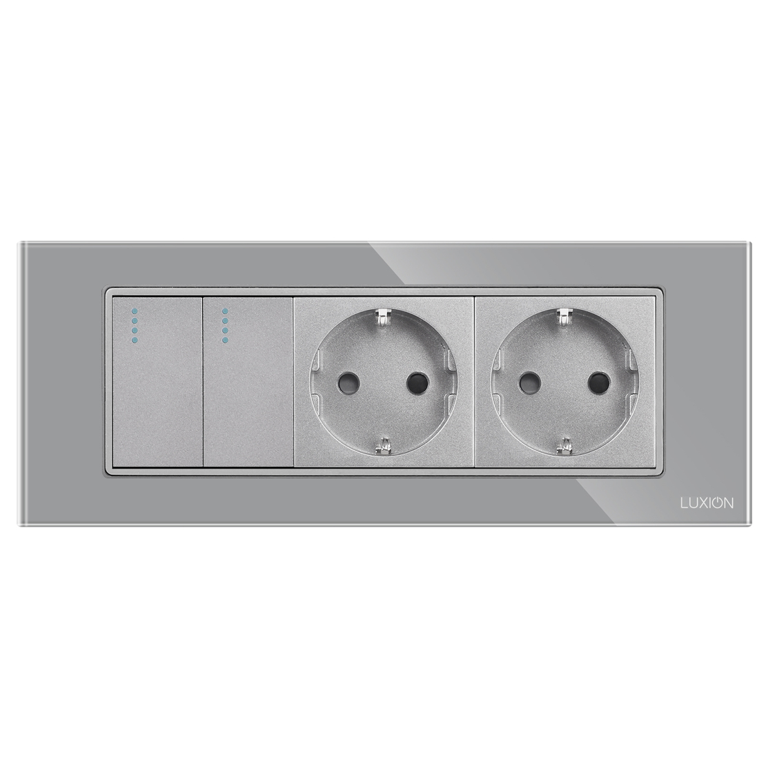 Intrerupator Dublu + 2 Prize cu Rama din Sticla LUXION, Standard Italian, 6M, gri