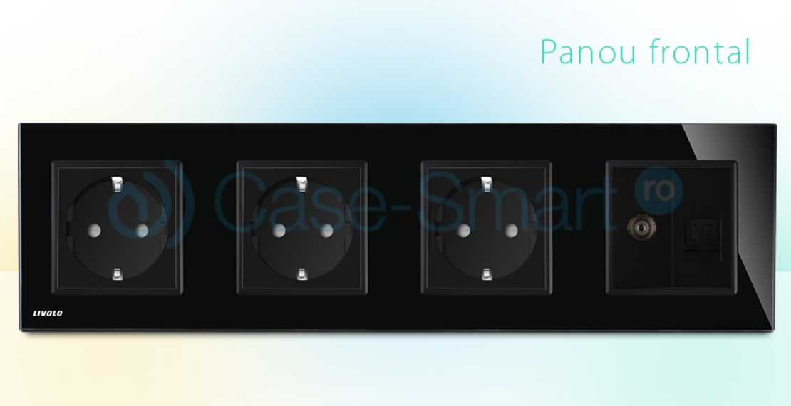 Priza cvadrupla Livolo cu rama din sticla 3 prize simple+TV/internet, negru