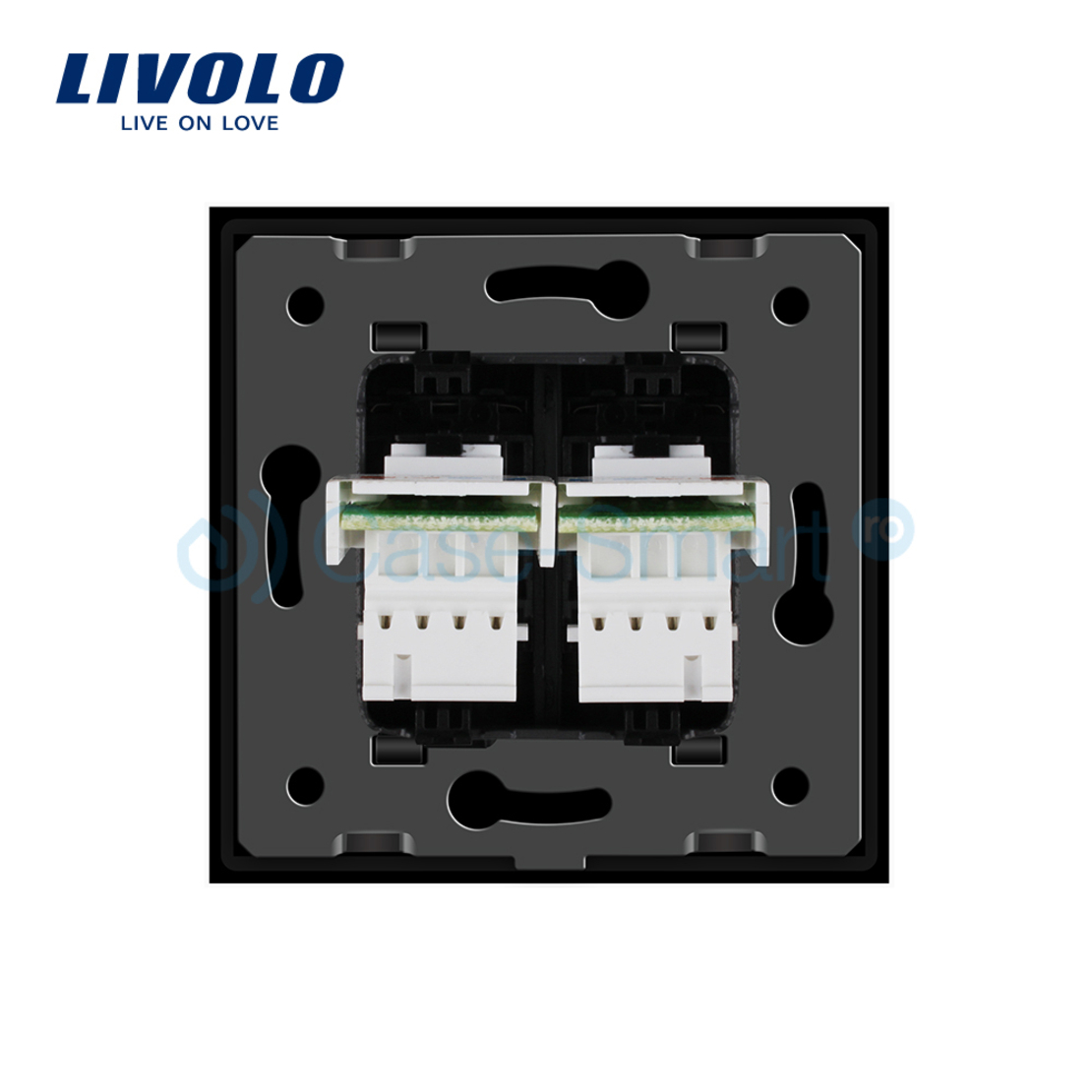 Priza dubla Telefon Livolo cu rama din sticla, negru