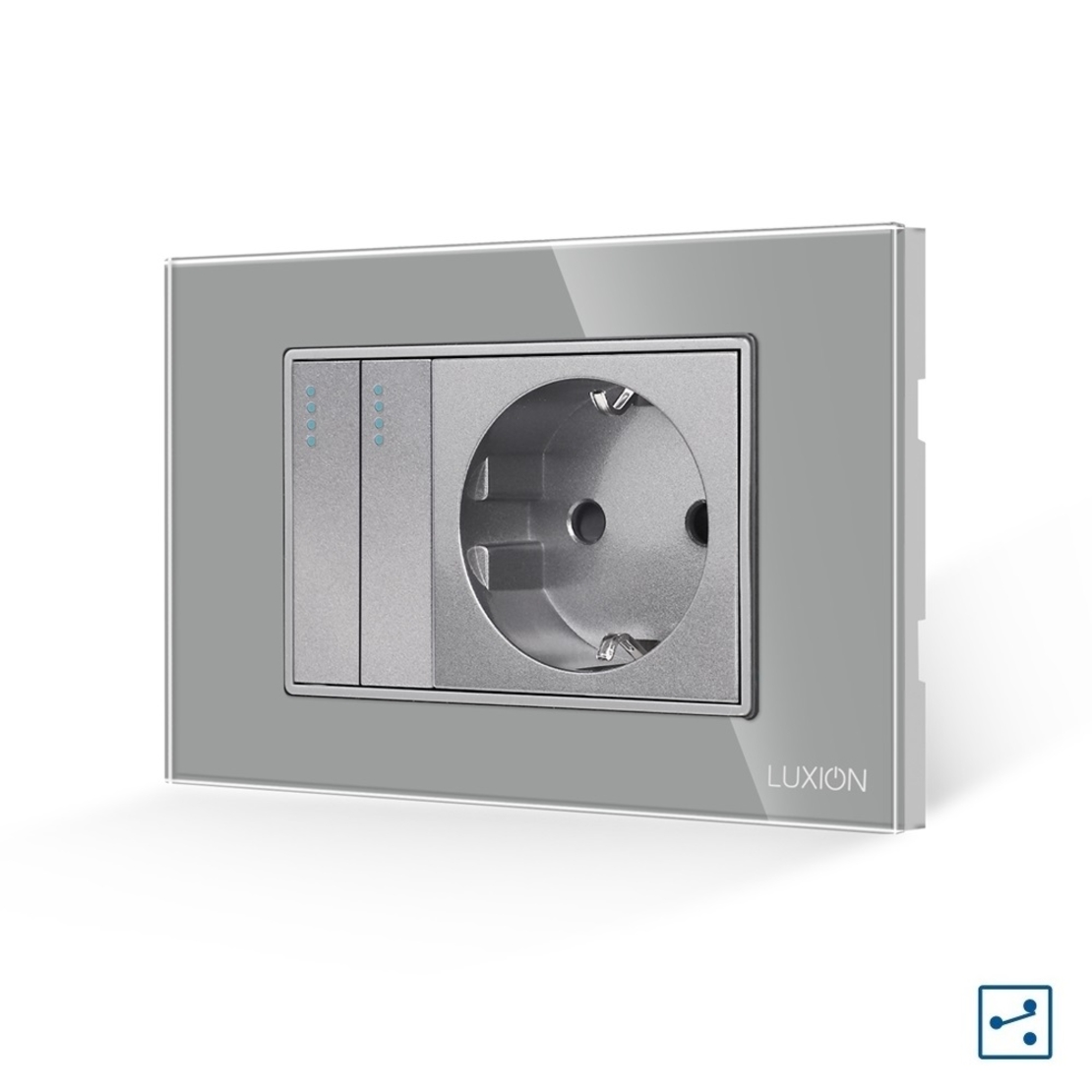 Intrerupator Dublu Cap Scara + Priza cu Rama din Sticla LUXION, Standard Italian, 3M, gri