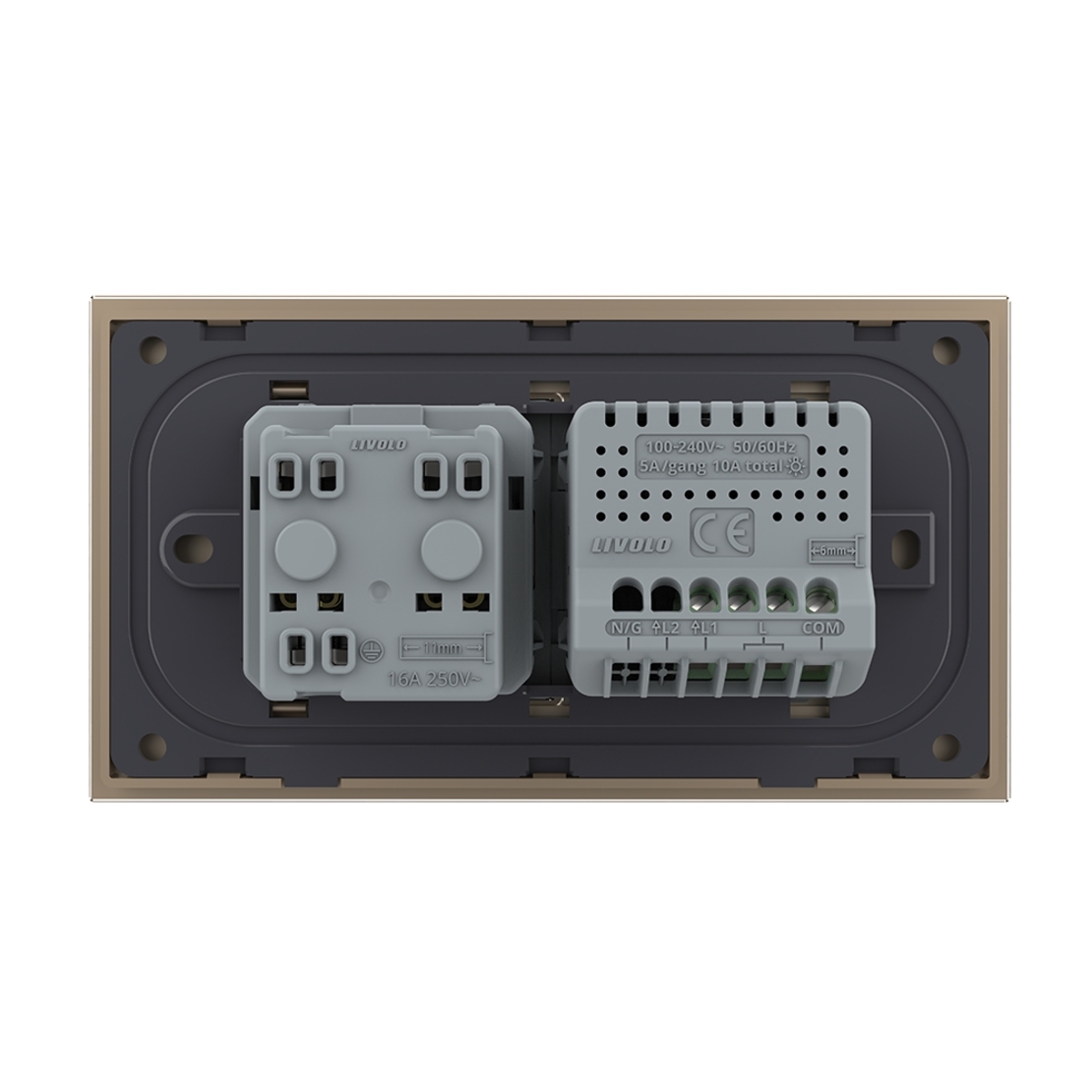 Intrerupator Simplu Cap Scara / Cruce + Priza LIVOLO cu Rama Din Sticla, Standard Italian, 4M, auriu