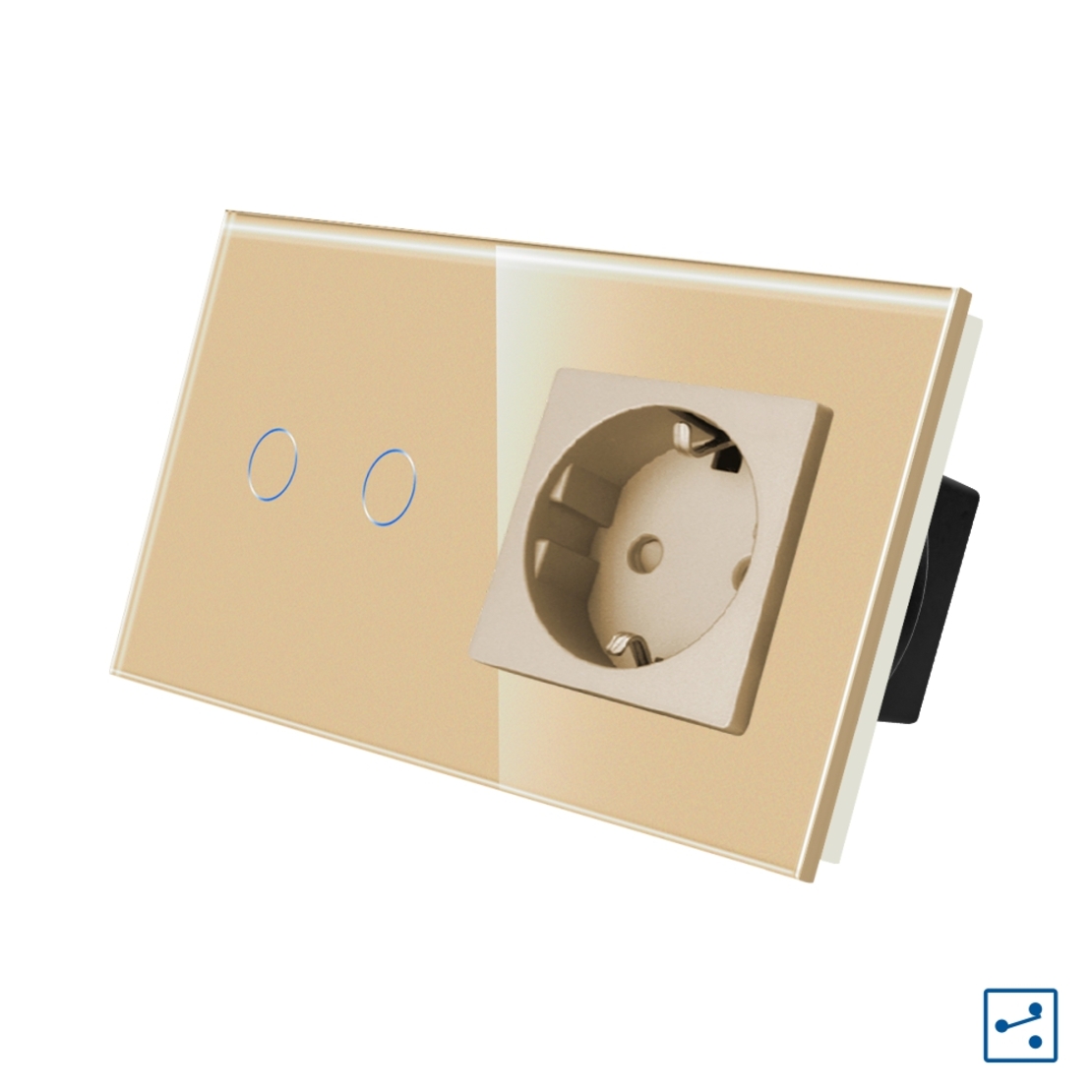 Intrerupator Dublu Cap Scara / Cruce + Priza cu Rama din Sticla LUXION, Serie A, auriu