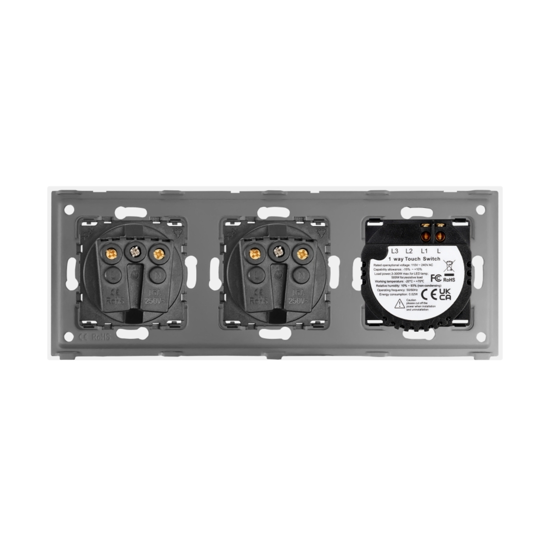 Intrerupator Simplu + 2 Prize cu Rama din Sticla LUXION, alb