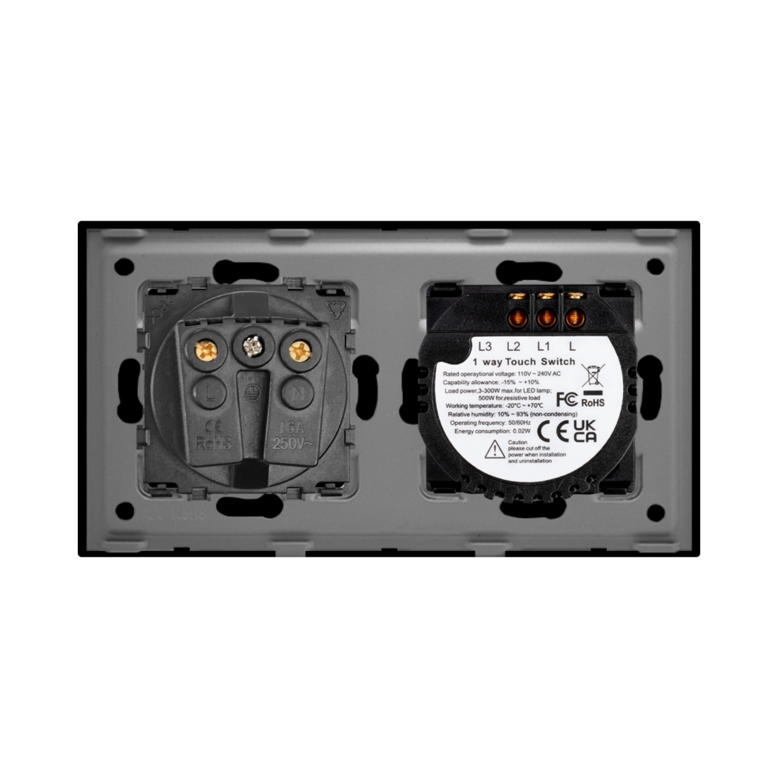 Intrerupator Dublu + Priza cu Rama din Sticla LUXION, negru