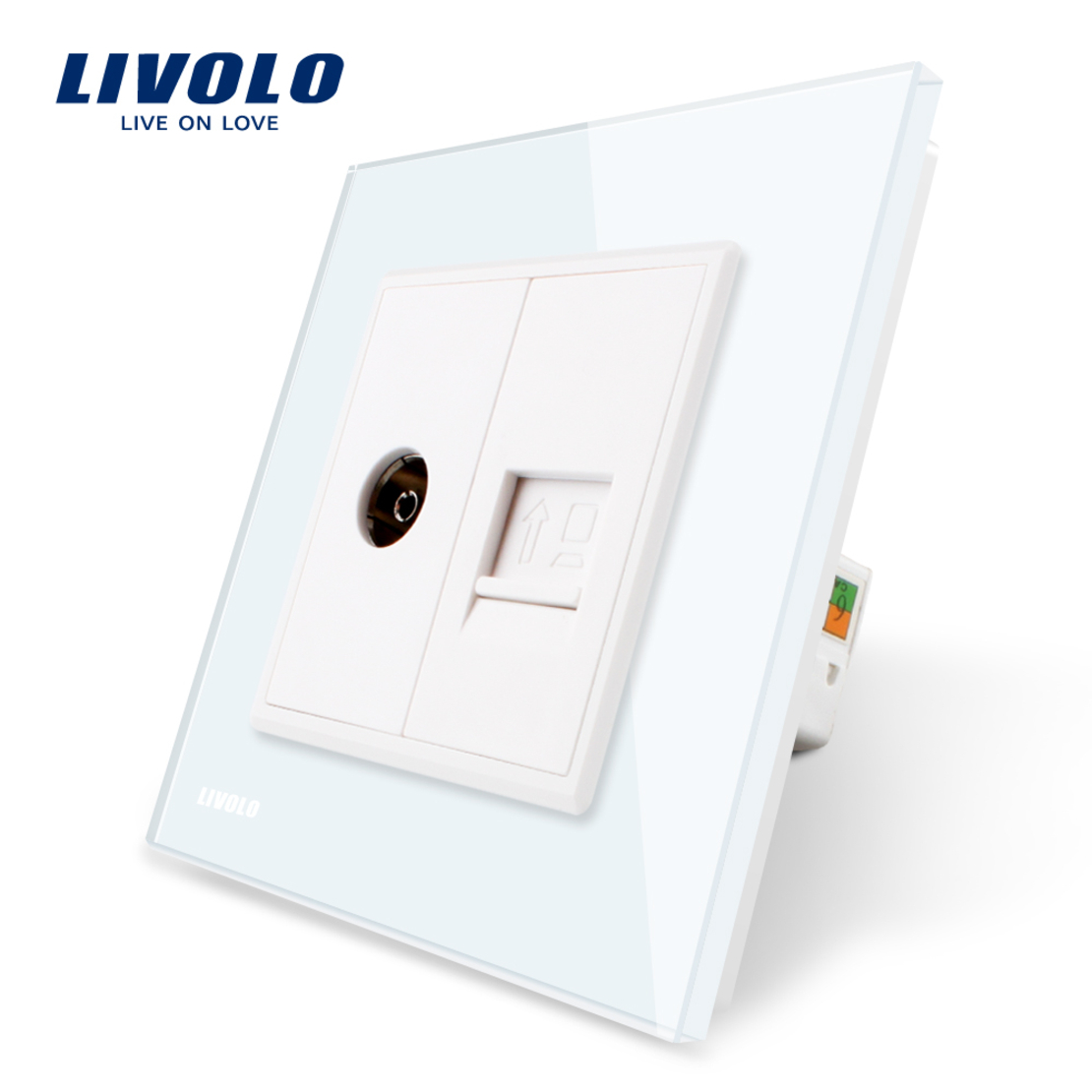 Priza dubla TV + priza internet Livolo cu rama din sticla, alb
