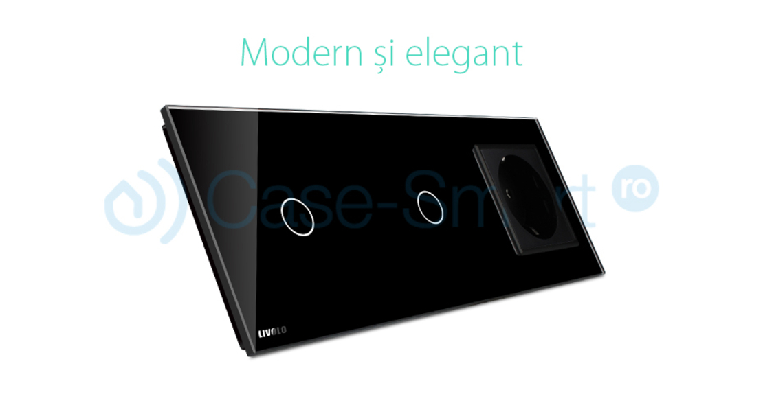 Intrerupator LIVOLO simplu+simplu cu touch si priza din sticla, negru