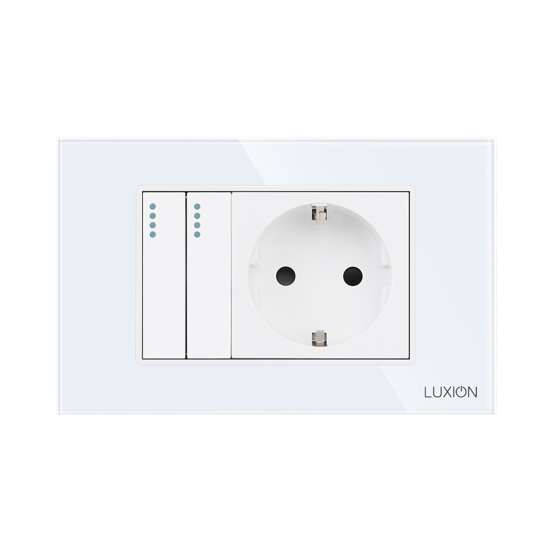Intrerupator Dublu Cap Scara + Priza cu Rama din Sticla LUXION, Standard Italian, 3M, alb