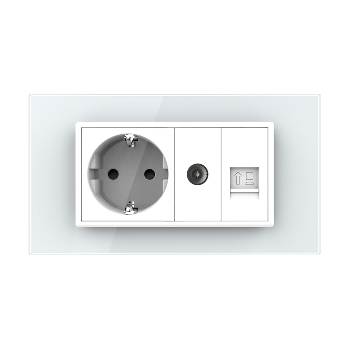 Priza Dubla Livolo cu Rama din Sticla 1 Priza Schuko+TV/internet, Standard Italian - Serie Noua, alb