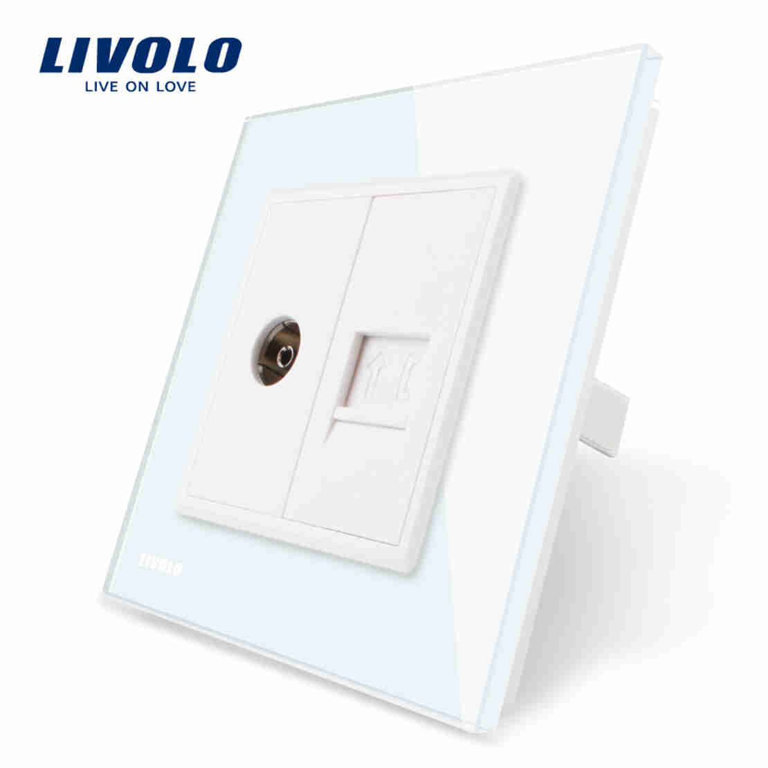 Priza dubla TV + Telefon Livolo cu rama din sticla, alb