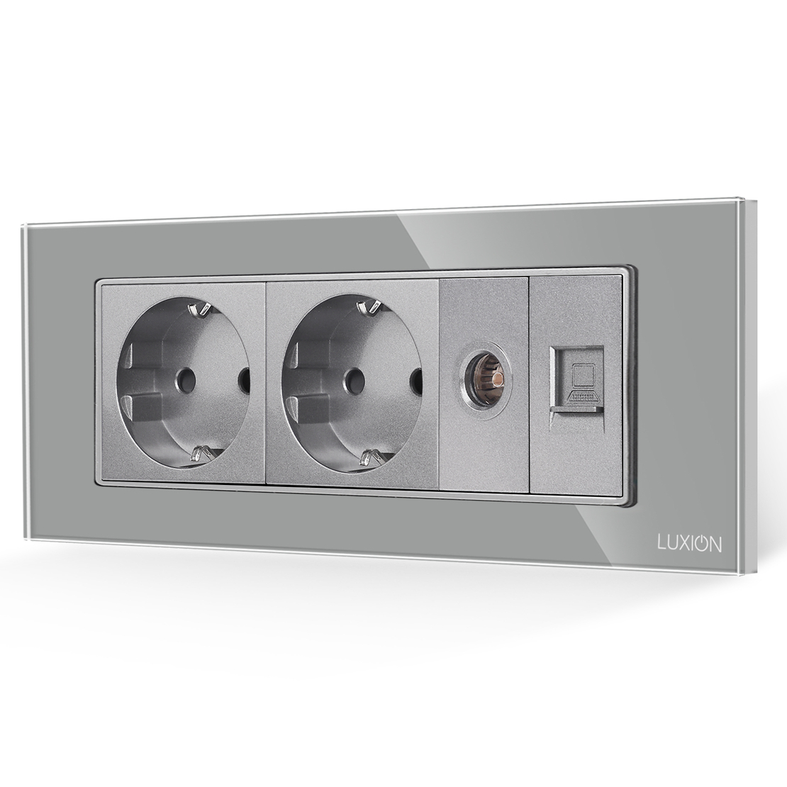 Priza Dubla Schuko + TV + Internet cu Rama din Sticla LUXION, Standard Italian, 6M, gri