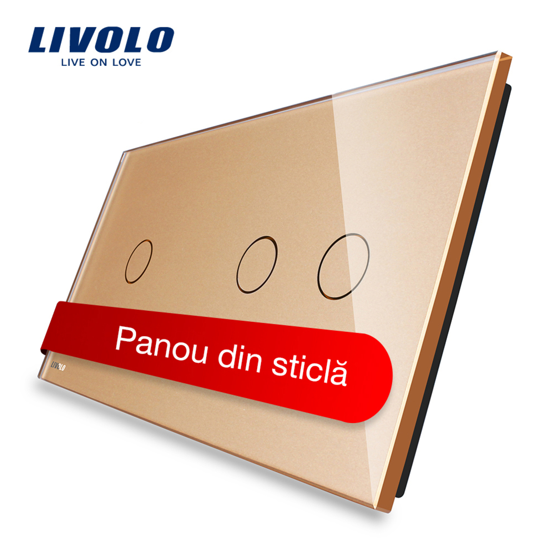 Panou intrerupator simplu+dublu cu touch Livolo din sticla, auriu