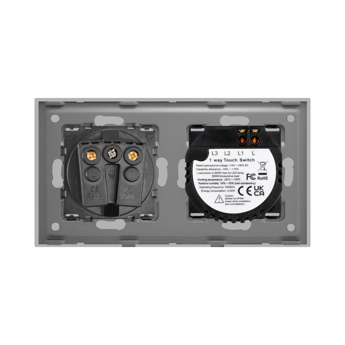 Intrerupator Simplu + Priza cu Rama din Sticla LUXION, gri