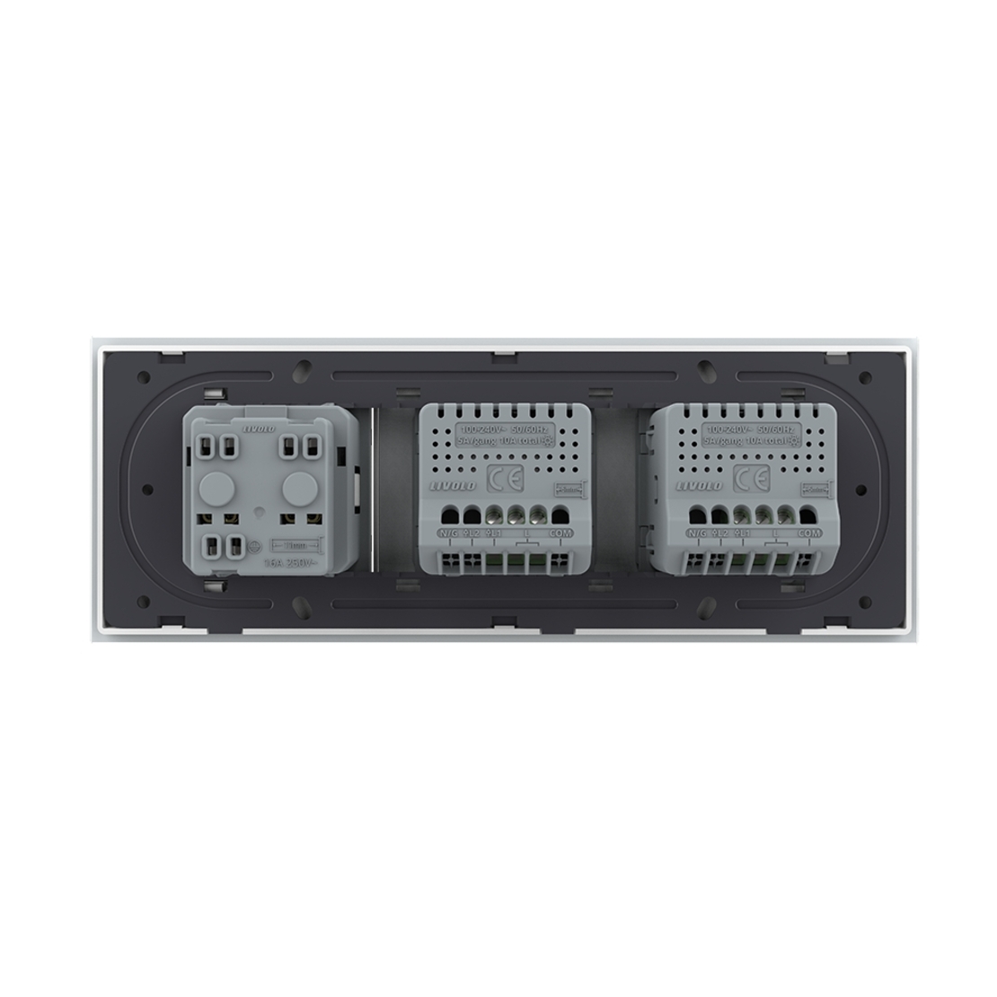 Intrerupator Simplu + Simplu + Priza LIVOLO cu Rama Din Sticla, Standard Italian, 6M, alb