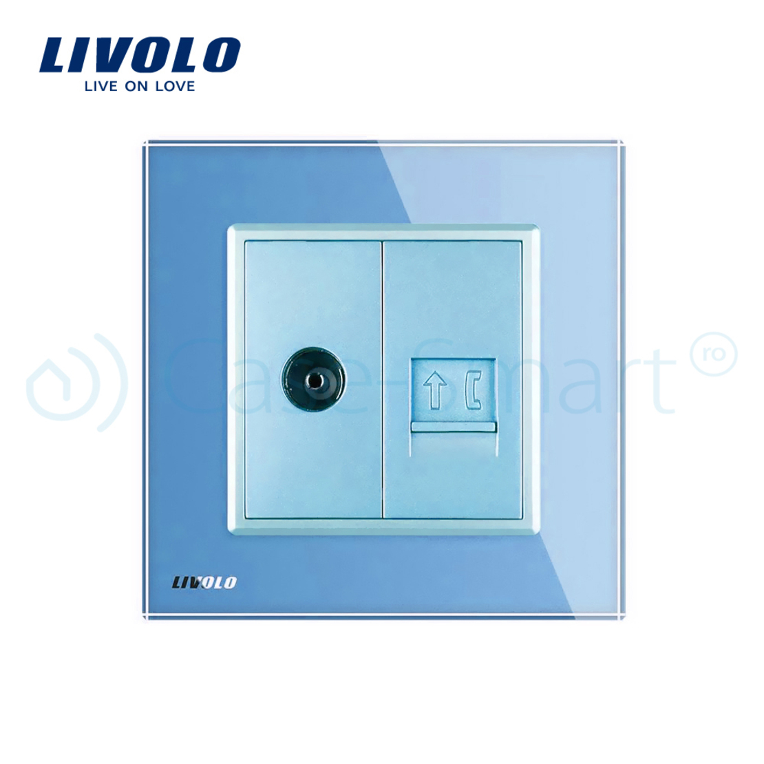 Priza dubla TV + Telefon Livolo cu rama din sticla, albastru