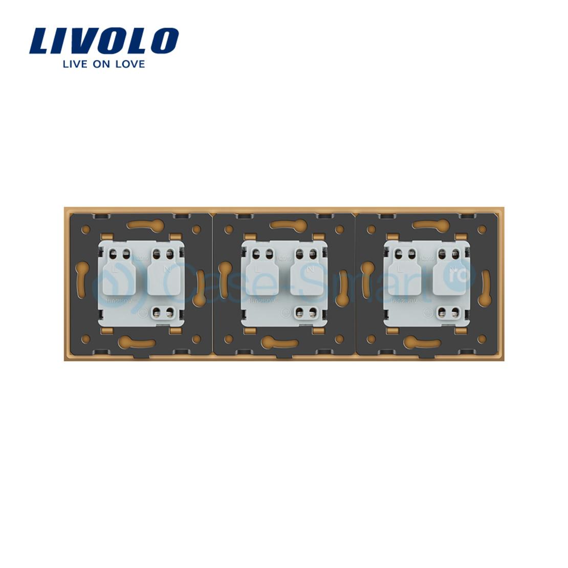 Priza tripla Livolo cu rama din sticla, auriu