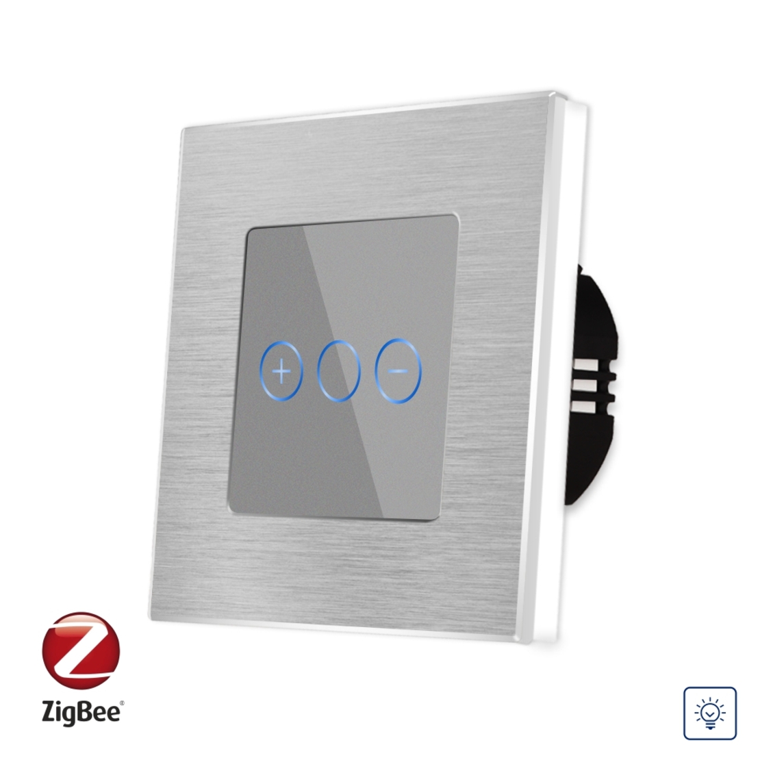Intrerupator Simplu cu Variator cu Touch din Sticla si Rama de Aluminiu LUXION, protocol Zigbee, gri