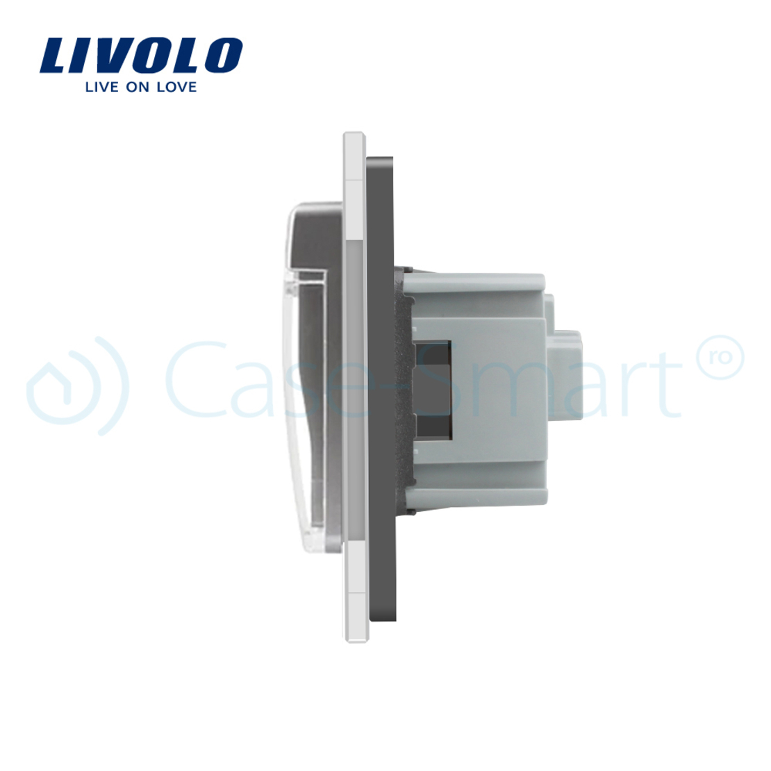 Priza dubla Livolo cu rama din sticla si capac de protectie rezistent la apa, gri