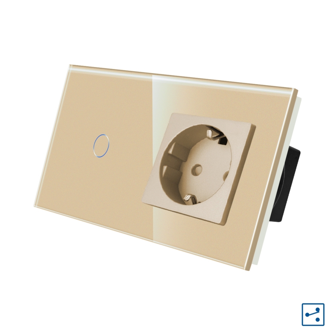 Intrerupator Simplu Cap Scara / Cruce + Priza cu Rama din Sticla LUXION, Serie A, auriu