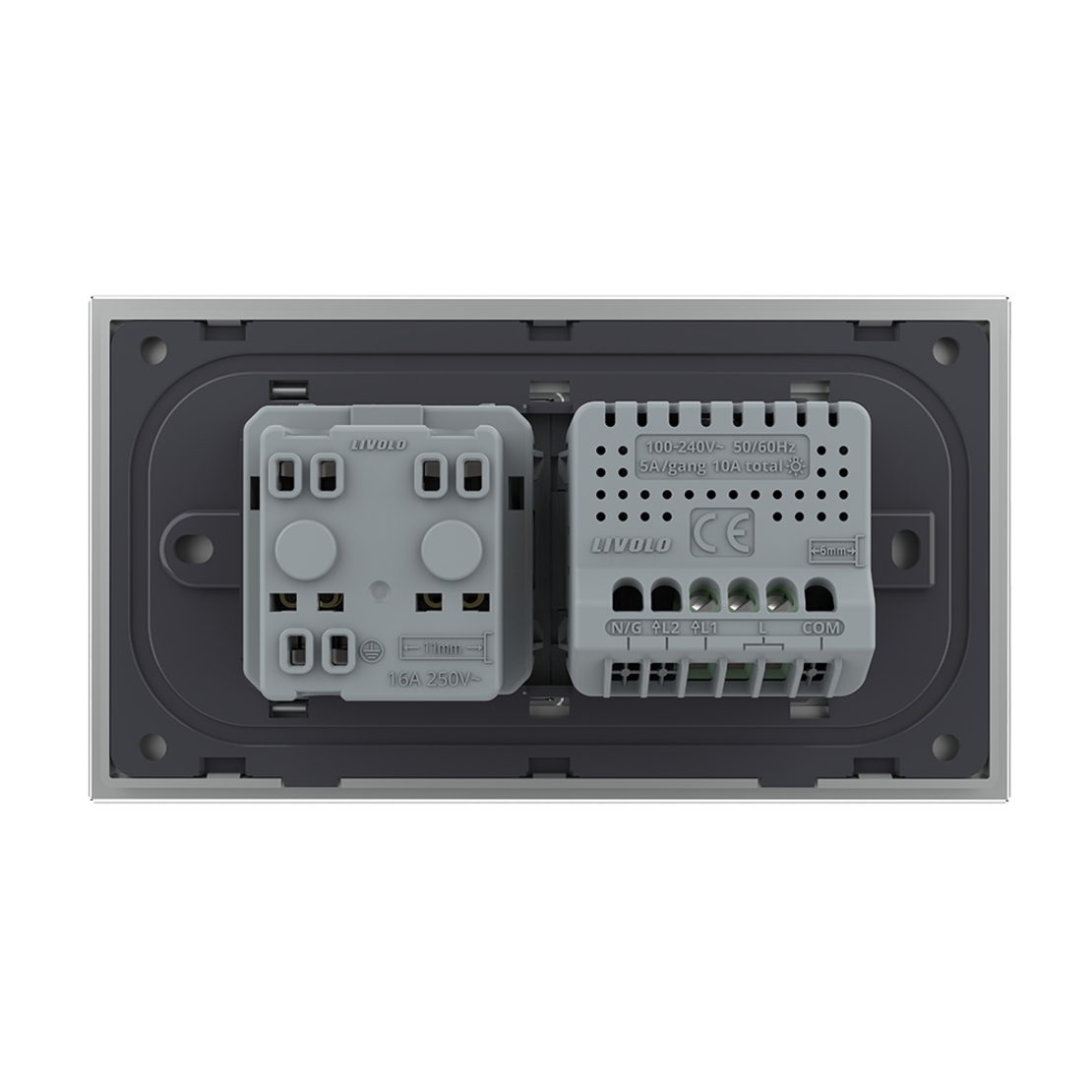 Intrerupator Simplu + Priza LIVOLO cu Rama Din Sticla, Standard Italian, 4M, gri