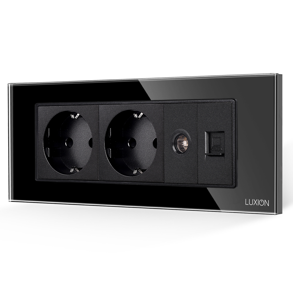 Priza Dubla Schuko + TV + Internet cu Rama din Sticla LUXION, Standard Italian, 6M, negru