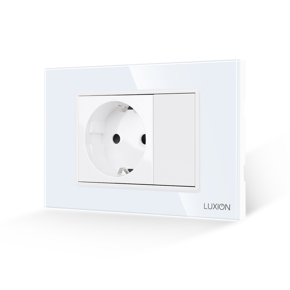 Priza Simpla si 1 Tasta Falsa cu Rama din Sticla LUXION, Standard Italian, 3M, alb