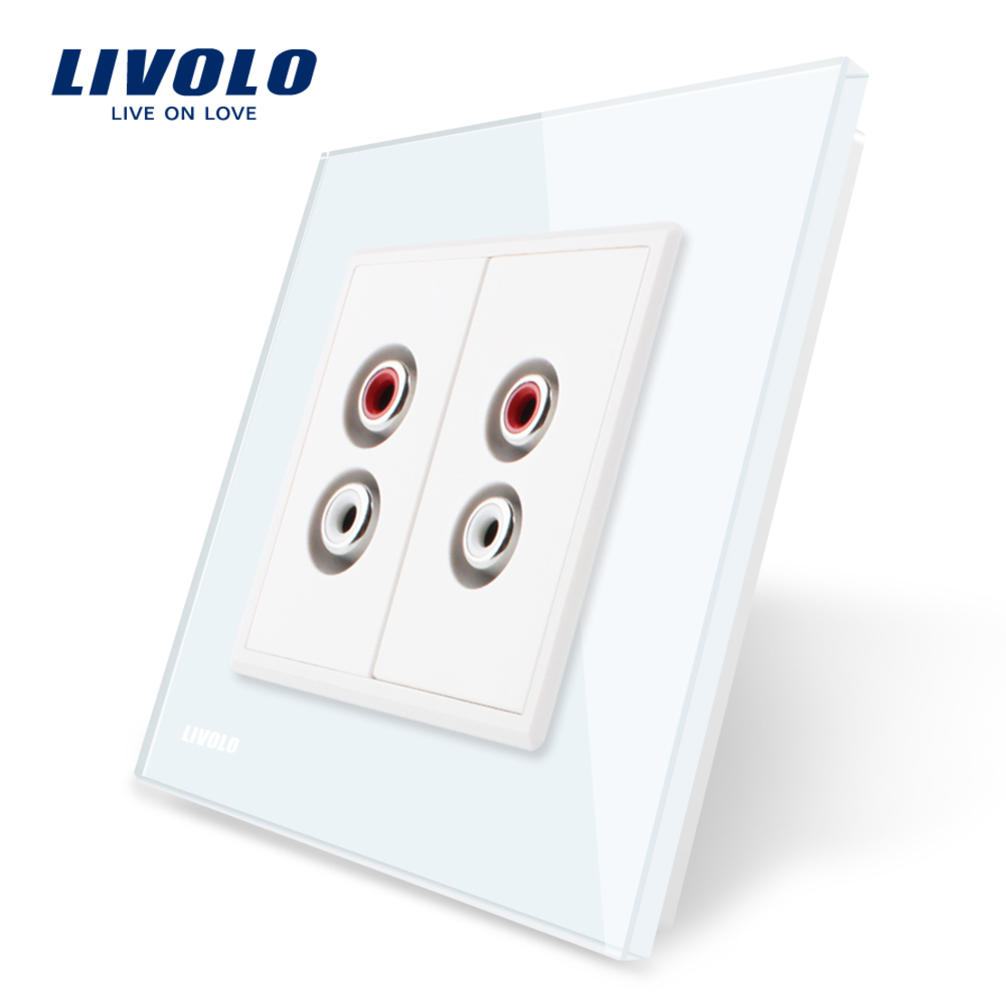 Priza dubla audio Livolo cu rama din sticla, alb