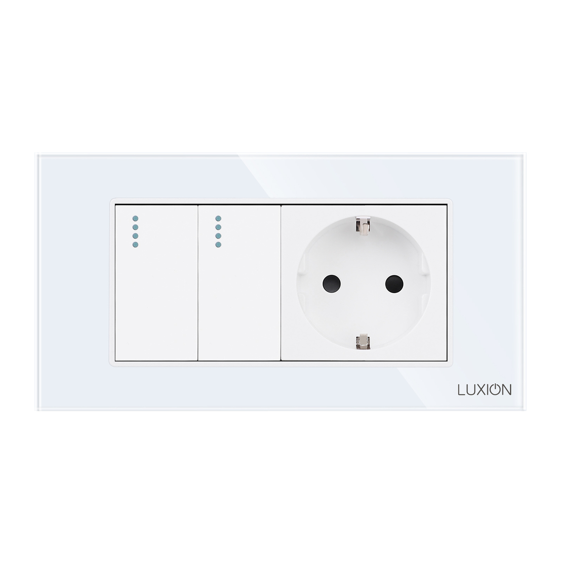 Intrerupator Dublu + Priza cu Rama din Sticla LUXION, Standard Italian, 4M, alb