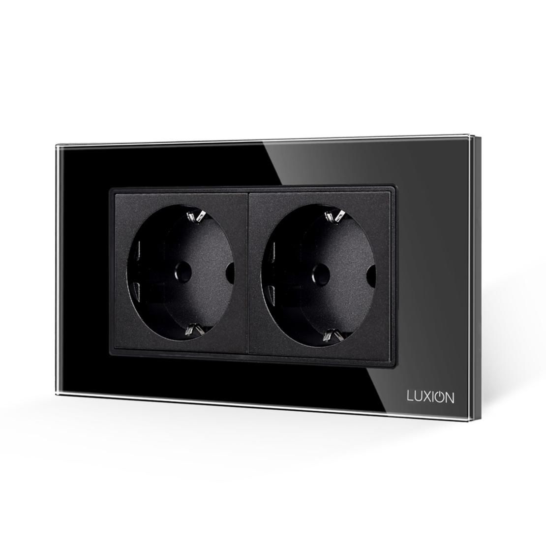 Priza Dubla cu Rama din Sticla LUXION, Standard Italian, 4M, negru