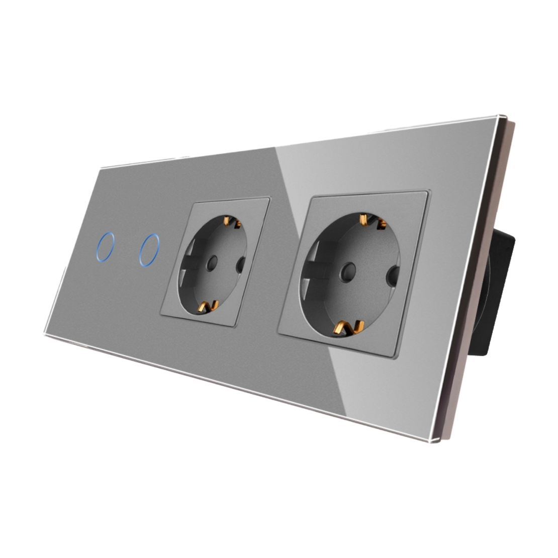 Intrerupator Dublu + 2 Prize cu Rama din Sticla LUXION, gri