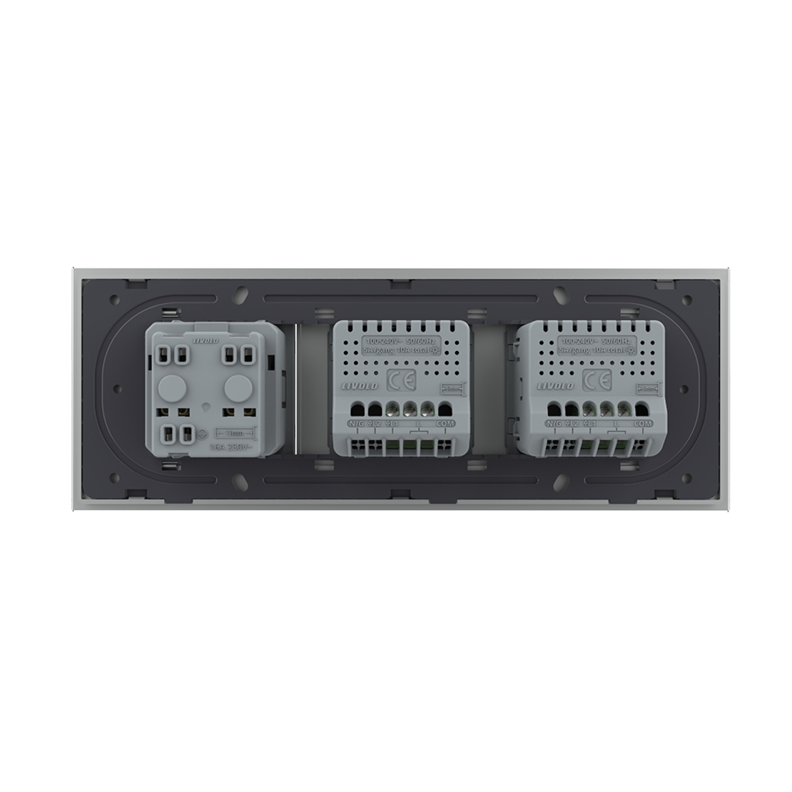 Intrerupator Simplu + Simplu + Priza LIVOLO cu Rama Din Sticla, Standard Italian, 6M, gri