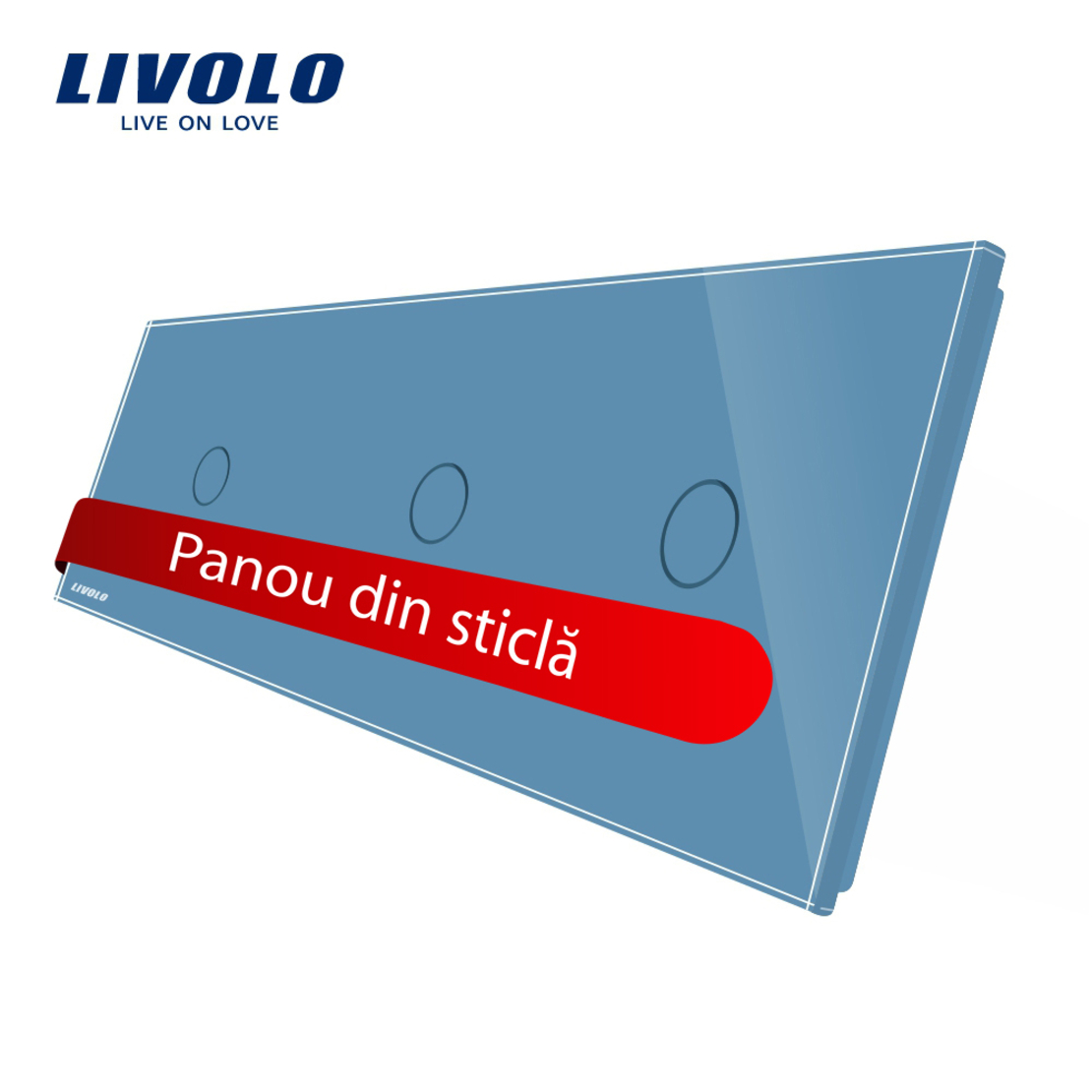 Panou intrerupator simplu+simplu+simplu cu touch Livolo din sticla, albastru