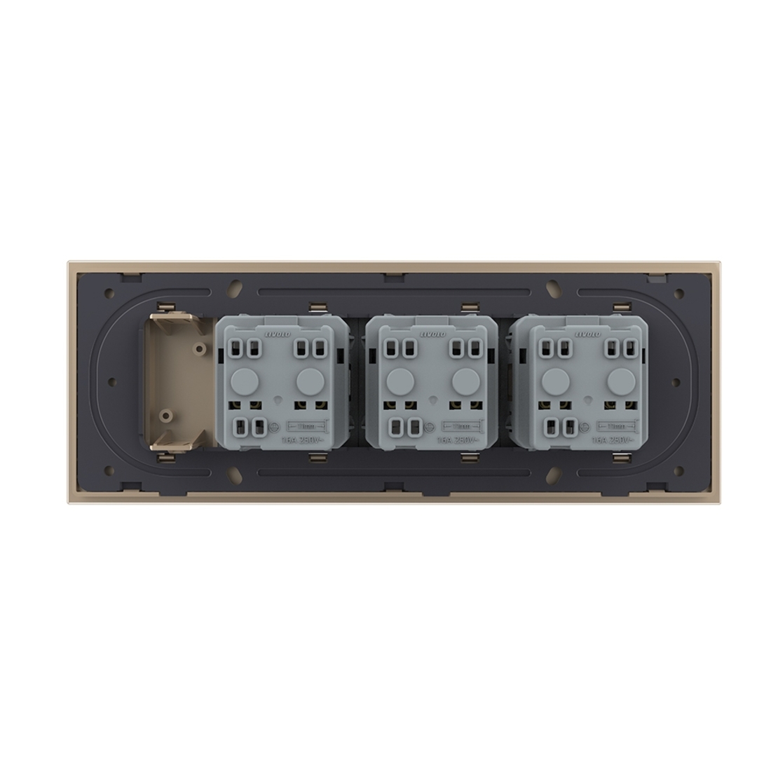 Priza tripla cu blank Livolo cu rama din sticla 6/7 module - standard Italian, auriu