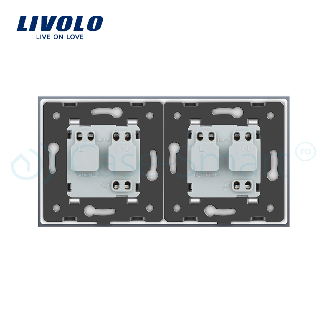 Priza dubla Livolo cu rama din sticla si capac de protectie rezistent la apa, alb