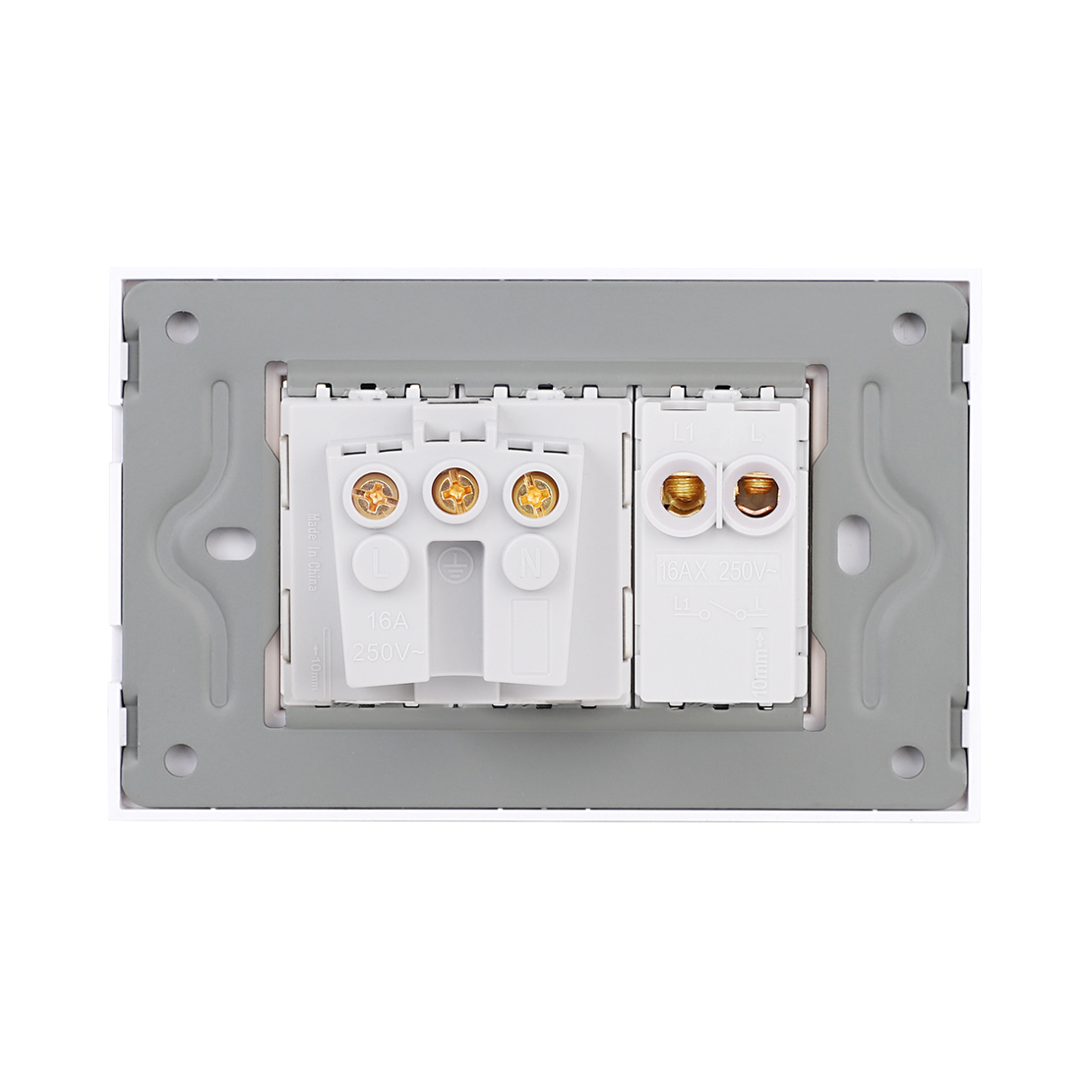 Intrerupator Simplu + Priza cu Rama din Sticla LUXION, Standard Italian, 3M, alb