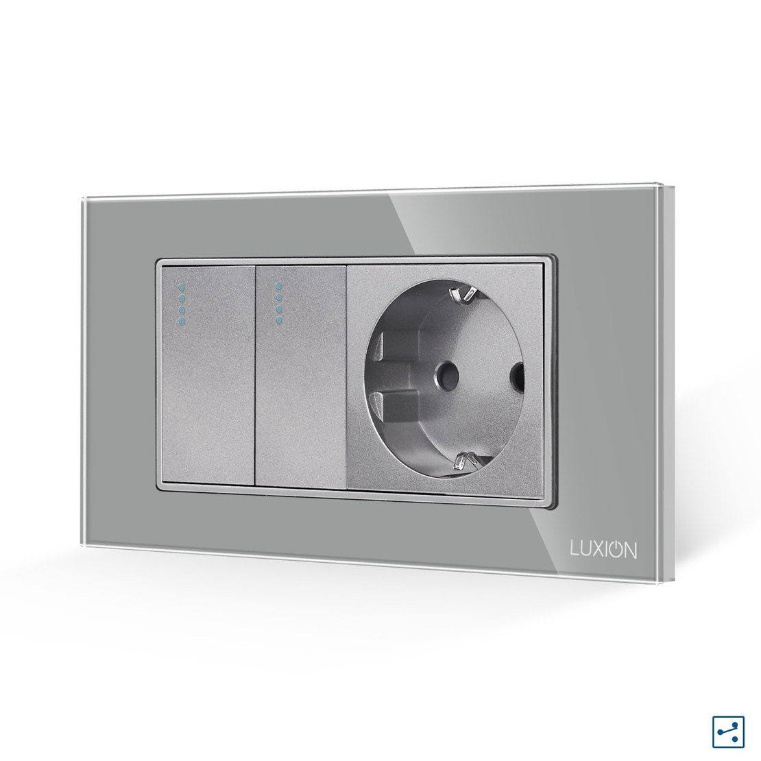 Intrerupator Dublu Cap Scara + Priza cu Rama din Sticla LUXION, Standard Italian, 4M, gri
