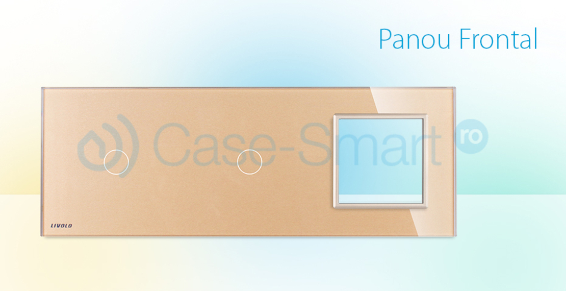 Panou 2 intrerupatoare simple cu touch si priza Livolo din sticla, auriu