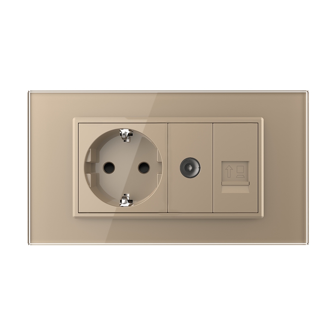 Priza Dubla Livolo cu Rama din Sticla 1 Priza Schuko+TV/internet, Standard Italian - Serie Noua, auriu