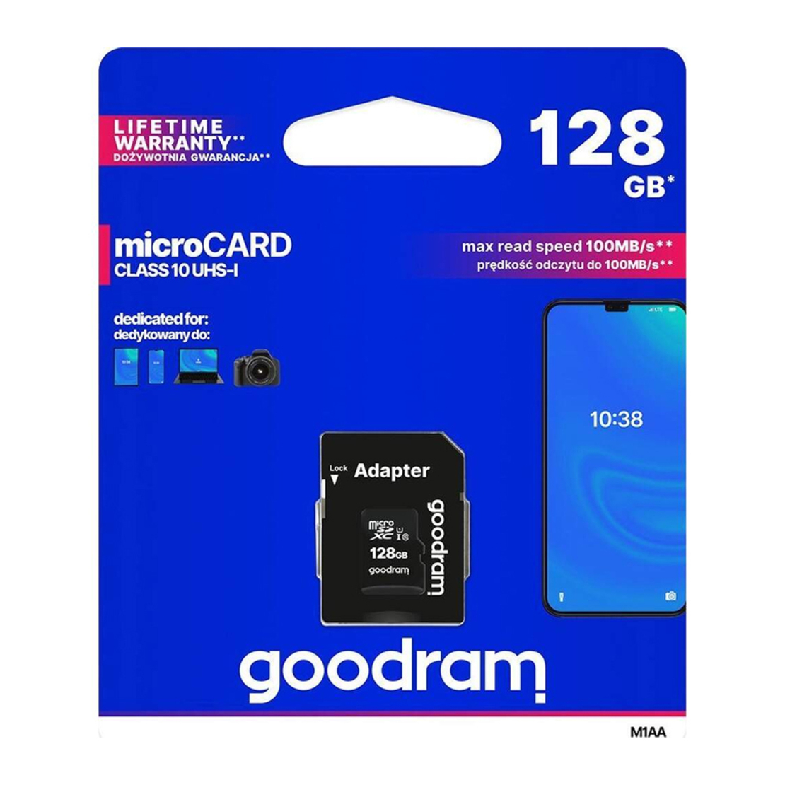 Card de memorie MicroSDXC + Adaptor SD, GOODRAM M1AA-1280R12, 128 GB, Memorie interna USH-I