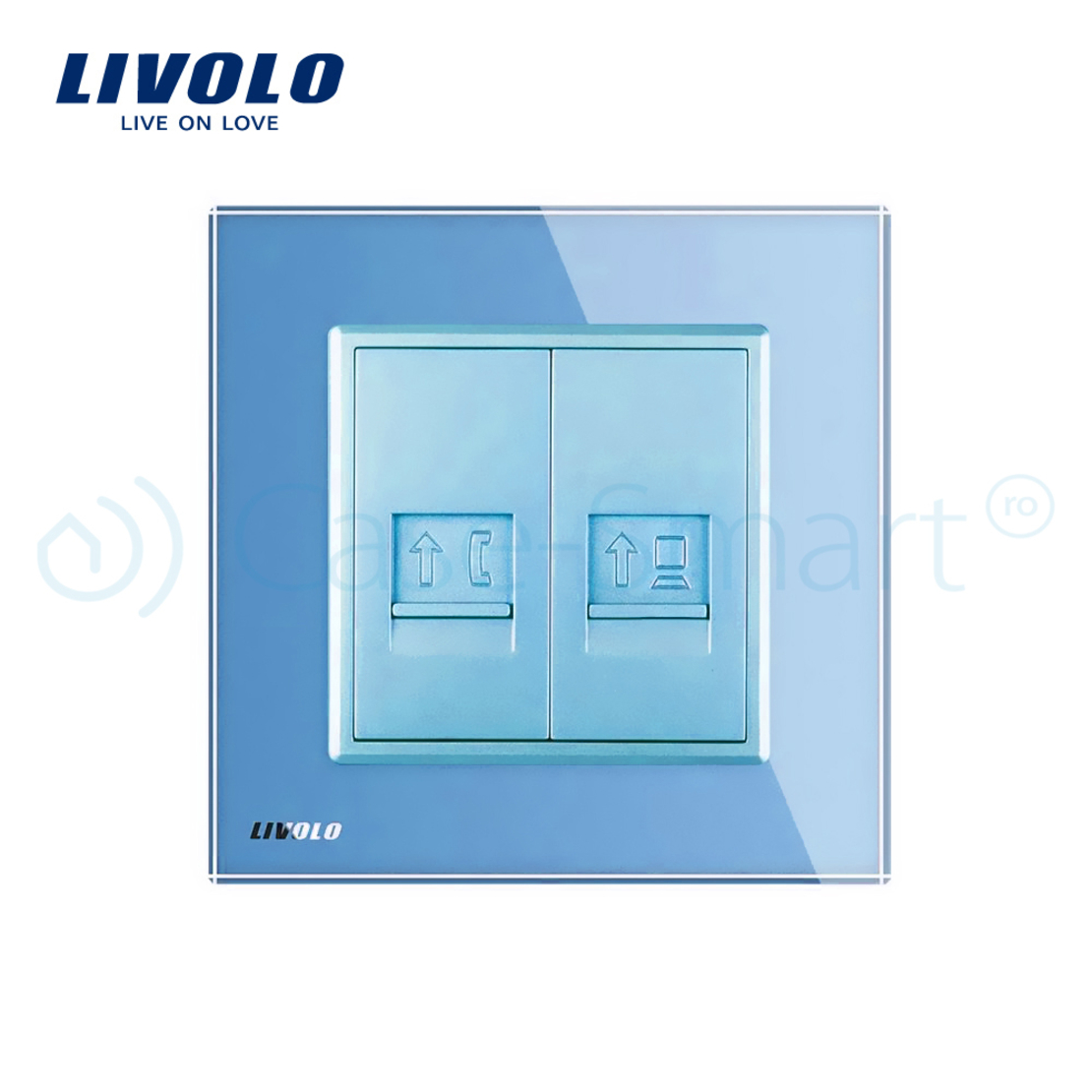 Priza dubla Telefon + Priza internet Livolo cu rama din sticla, albastru